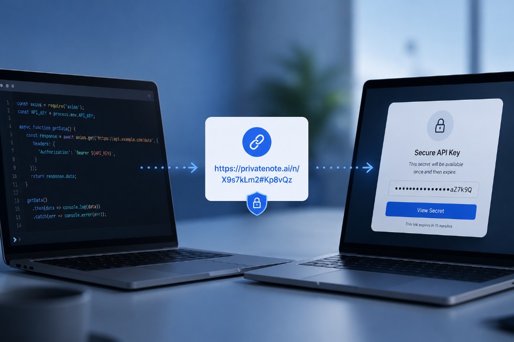 Two laptops exchanging an API key through a PrivateNote one-time encrypted link