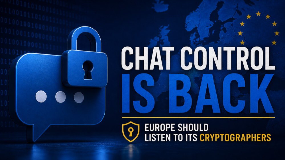Gráfico editorial “Chat Control is back” com balão de chat bloqueado e mapa da Europa