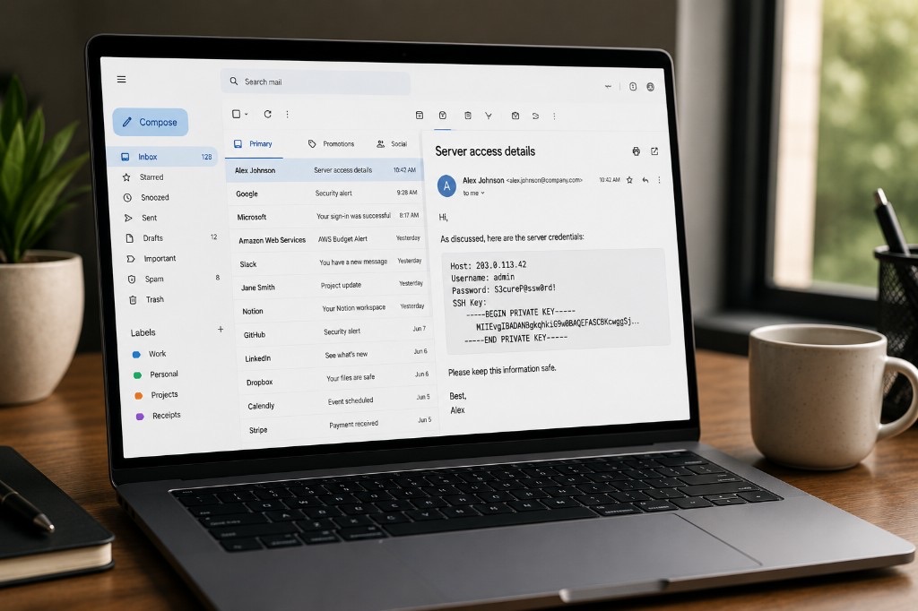 Laptop on a desk showing an email with server credentials and an SSH private key in plain text