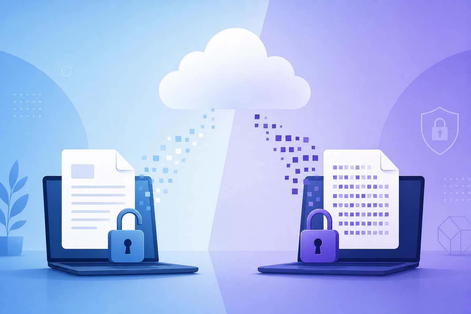 Illustration comparing plaintext cloud upload versus encrypting files in the browser before upload