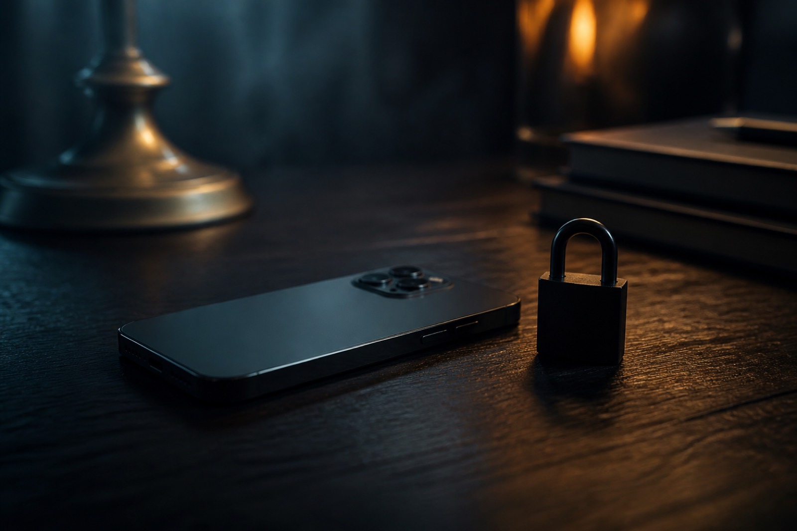 A smartphone lying face-down on a dark desk beside a small lock, suggesting a private photo that should not linger in chats or cloud backups