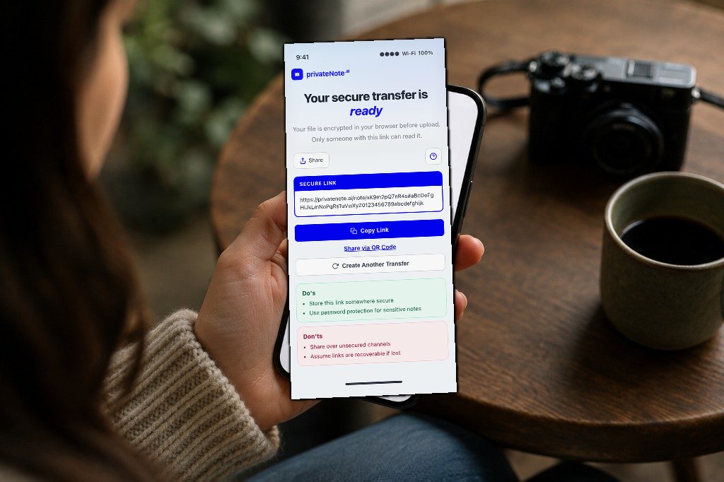 Person holding a phone showing PrivateNote’s secure file-transfer success screen with a copyable encrypted link