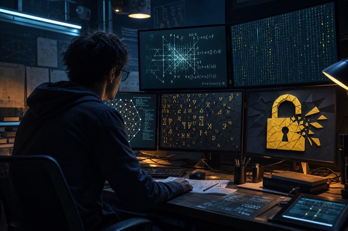 AI researcher at a multi-monitor lab workstation analyzing abstract cryptographic patterns and a broken cipher visualization