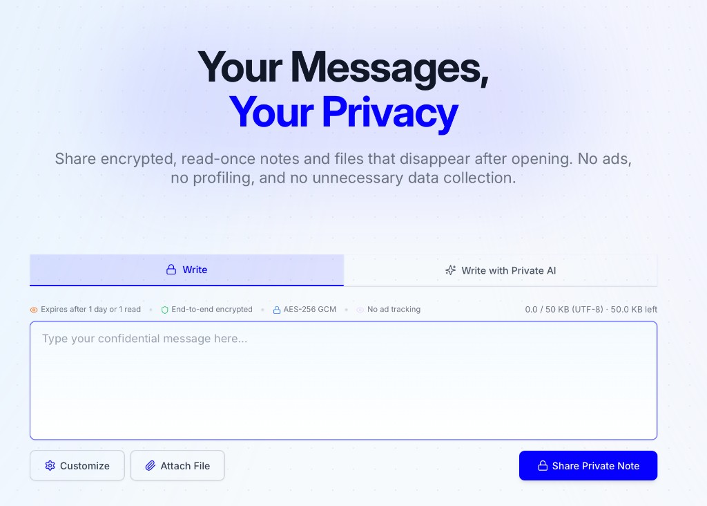 App web PrivateNote con editor di note cifrate, impostazioni di scadenza e pulsante Share Private Note